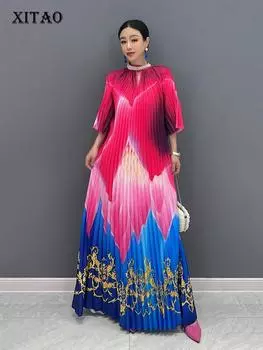 Xitao Платье-стойка с плиссировкой и отделкой бисером, контрастный цветной принт, подол, модное свободное женское платье с рукавом три четверти, новое платье WLD20255 One Size красный