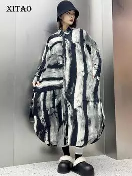 Xitao Платье Tie Dye Dress с отложным воротником, однобортное, повседневное, уличное, модное, женское, DMJ3833