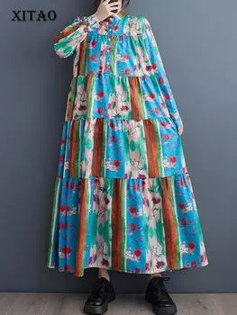 XITAO с длинным рукавом женское платье с принтом повседневное свободное DMJ3697 One Size синий