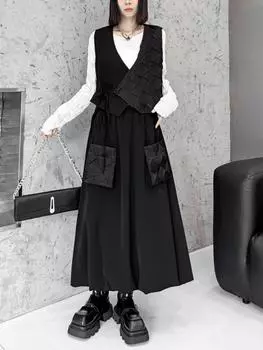 Xitao Платье в стиле пэчворк однотонного цвета LJ1076 One Size чёрный