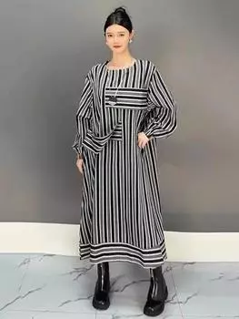 Xitao Платья с О-образным вырезом в полоску контрастного цвета в стиле пэчворк GYX1004 One Size чёрный