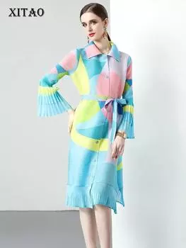 XITAO Платья с расклешенными рукавами и принтом в складках HQQ2272 One Size синий