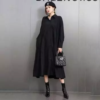 XITAO Pleated Lapel Single Breasted Dress GYX1582 One Size чёрный