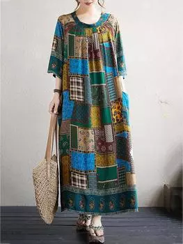 XITAO Pleated Print Loose O-neck Dress ZMY1028 One Size синий