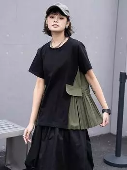 Xitao Плиссированная лоскутная футболка Повседневная женская футболка GJ1005