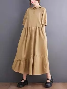 XITAO плиссированное лоскутное платье с отложным воротником и рукавами-фонариками, однотонное женское платье LYD1755 One Size жёлтый