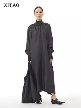 Xitao Плиссированное модное однотонное повседневное свободное платье DZL2167 One Size зелёный