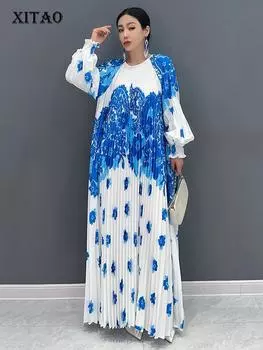 Xitao Плиссированное платье контрастного цвета с принтом, модное свободное женское платье с рукавами-фонариками, осеннее новое простое темпераментное платье WLD20236