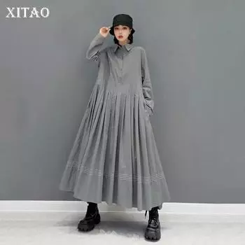 XITAO Плиссированное платье-рубашка большого размера, однотонное, свободное, повседневное с отложным воротником, весна-осень, новинка с длинным рукавом WMD2012 One Size серый