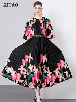XITAO Плиссированное платье с цветочным принтом и круглым вырезом, пуловер, свободное платье с половиной рукавов DMJ4087