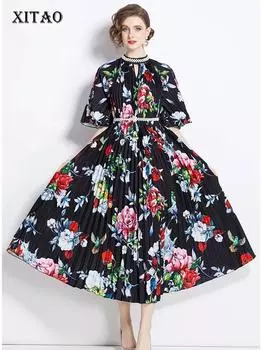 XITAO плиссированное платье с цветочным принтом и круглым вырезом с жемчугом и половиной рукавов, женское платье-пуловер LYD1869