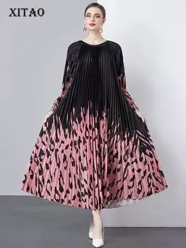 XITAO плиссированное платье с длинным рукавом, свободное модное контрастное цветное темпераментное женское платье DMJ3926