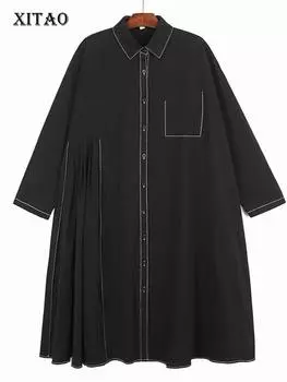 XITAO плиссированное платье с накладными карманами и длинными рукавами, черное веер богини, повседневное свободное элегантное платье в стиле меньшинств, ZY8056