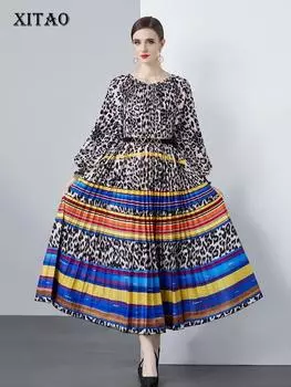 XITAO плиссированное платье с принтом и круглым вырезом с рукавами-фонариками, свободный леопардовый пуловер, платье трапециевидной формы LYD1656