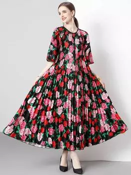 XITAO плиссированное повседневное платье с принтом, женское платье-пуловер с короткими рукавами DMJ4088