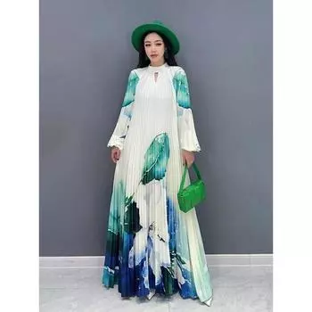 XITAO плиссированное женское платье в китайском стиле с круглым вырезом и рукавами-фонариками LYD1631