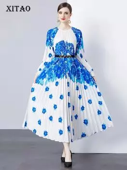 XITAO плиссированные платья с длинными рукавами и принтом, свободные повседневные женские платья DMJ3897 One Size жёлтый