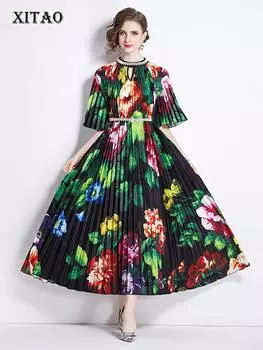 Xitao Плиссированные платья с вышитыми расклешенными складками и принтом HQQ2360