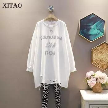 XITAO плиссированный модный женский пуловер с буквенным принтом и длинным рукавом, повседневная свободная футболка WMD2607