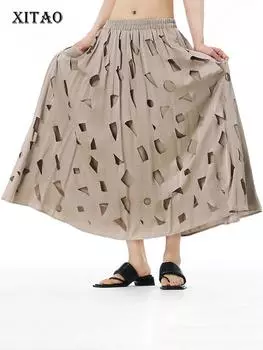 Xitao Полая лоскутная юбка, однотонная свободная модная повседневная юбка DMJ4142 One Size чёрный