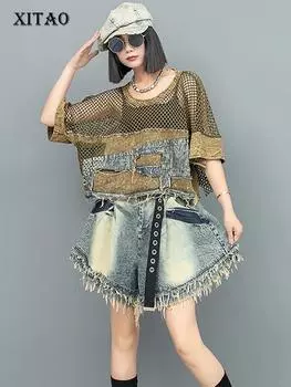 XITAO Полая сетчатая лоскутная футболка с круглым вырезом и короткими рукавами, женский топ LYD1775 One Size хаки