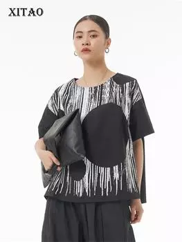 XITAO полосатая футболка с принтом и узором, пуловер, повседневная свободная футболка с богиней веера WLD16682 One Size чёрный