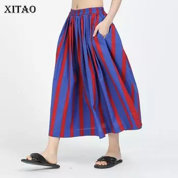 XITAO Полосатая Лоскутная Юбка Хит Цвета Женская Мода Стиль Эластичный Пояс Карман Элегантная Свободная Драпированная Индивидуальность ZY4491 One Size красный