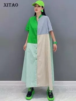 XITAO полосатый пэчворк контрастного цвета воротник стойка модное повседневное свободное платье ZY8804 One Size белый