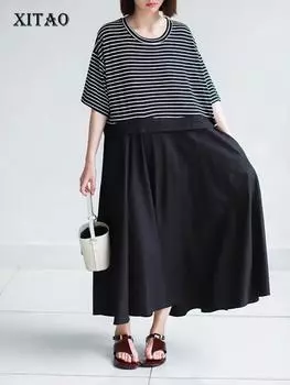 XITAO Полосатые лоскутные платья с круглым вырезом и воротником-стойкой GJ1013