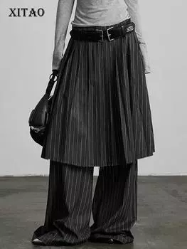 Xitao Полосатые накладные брюки из двух частей с широкими штанинами LJ1044 M серый