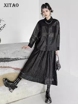 XITAO полые комплекты, черные свободные модные топы с длинными рукавами, женские комплекты из двух предметов DMJ3941 One Size чёрный