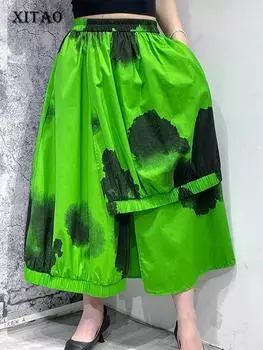Xitao Повседневная асимметричная свободная юбка с разрезом и принтом WLD11273 One Size чёрный