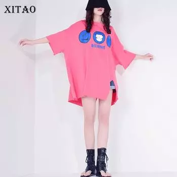 XITAO Повседневная длинная футболка с принтом и боковым разрезом женская DMY4193 One Size жёлтый