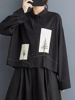XITAO Повседневная однотонная блузка с отложным воротником и длинными рукавами, однобортная осенняя женская рубашка с вышивкой в стиле пэчворк GMM1101 One Size чёрный
