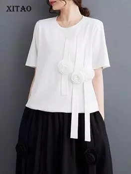 XITAO Повседневная однотонная женская футболка Топ Модная трехмерная футболка с цветочным декором Летняя LYD1907 One Size чёрный