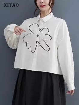 XITAO повседневная свободная рубашка с длинным рукавом, модная однобортная рубашка с цветочной вышивкой и простотой, DMJ2469 One Size чёрный