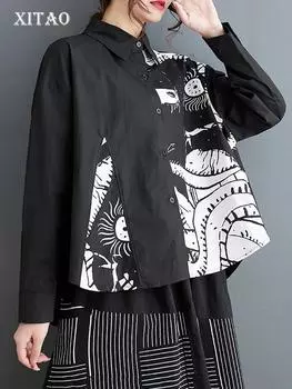 XITAO повседневная свободная рубашка с принтом, женский топ с отложным воротником и длинными рукавами LYD1713