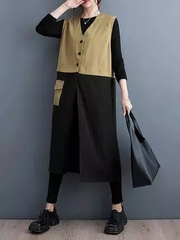 XITAO повседневное однобортное лоскутное платье без рукавов DMJ2537 One Size чёрный