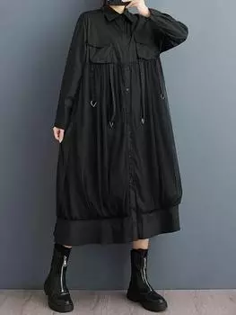 Xitao Повседневное однотонное платье А-силуэта длиной до середины икры с длинными рукавами GMM1033 One Size чёрный