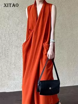 XITAO Повседневное однотонное платье без рукавов в стиле темперамент GJ1066