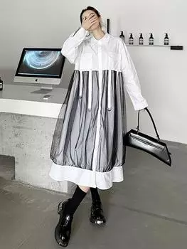 Xitao Повседневное однотонное платье в стиле пэчворк с отложным воротником и длинными рукавами GMM1087 One Size чёрный