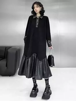 Xitao Повседневное однотонное свободное платье А-силуэта в стиле пэчворк ZYY1112 One Size чёрный