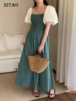 XITAO повседневное однотонное женское джинсовое платье в стиле пэчворк HQQ1261 One Size синий