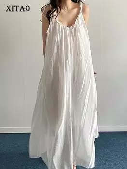 XITAO повседневное однотонное женское платье без рукавов HQQ1096 One Size чёрный