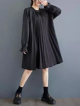 Xitao Повседневное платье А-силуэта с однотонным принтом, круглым вырезом, длиной до колена и длинными рукавами GMM1134 One Size чёрный