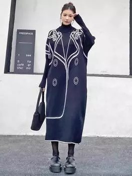 XITAO Повседневное платье А-силуэта с однотонным узором и круглым вырезом длиной до середины голени GMM1140 One Size чёрный