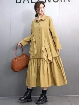 XITAO Повседневное платье А-силуэта с длинными рукавами, однотонное, длиной до середины голени GMM1052 One Size чёрный