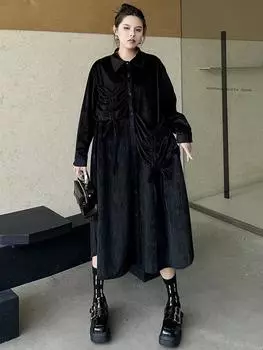 Xitao Повседневное платье А-силуэта с отложным воротником, однотонное, GMM1065 One Size чёрный