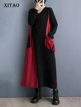 XITAO повседневное платье контрастного цвета в стиле пэчворк женское платье DMJ3101 One Size красный