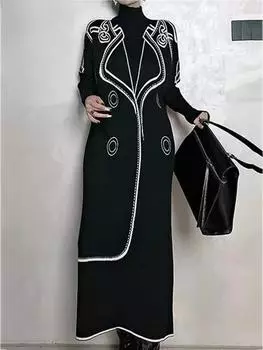 XITAO повседневное платье-пуловер трапециевидного силуэта контрастного цвета GMM1012 One Size чёрный